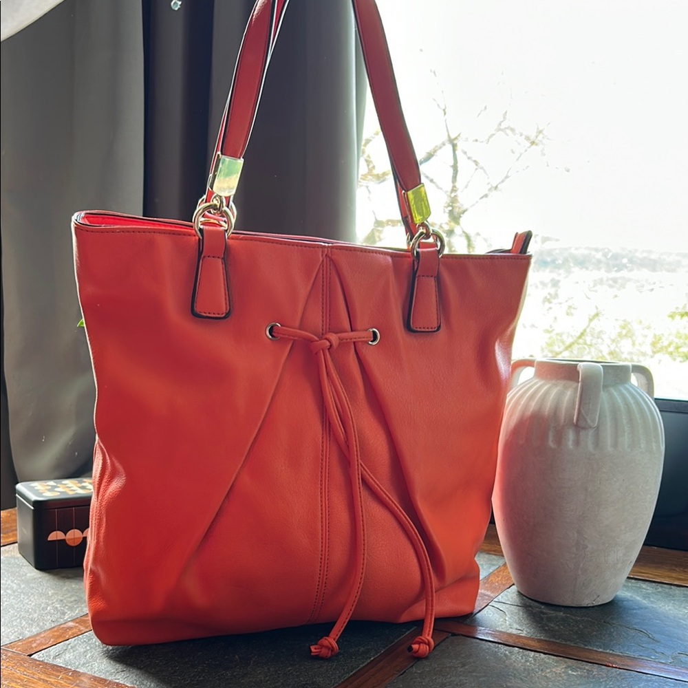 Vibrant Orange Tote with Drawstring Detail